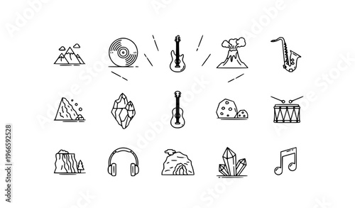 Rock music and nature outline icon collection with guitar volcano mountain and record symbols