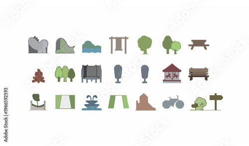 Modern park line icon collection with roller coaster swing lake and outdoor recreation elements