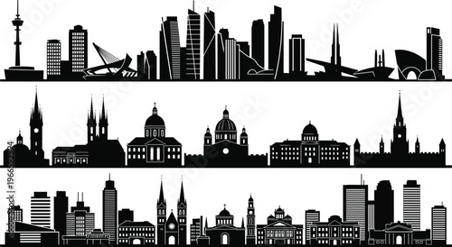 Set of diverse city skyline silhouettes featuring modern skyscrapers historic cathedrals and famous architectural landmarks for urban landscape design travel and global tourism industry.