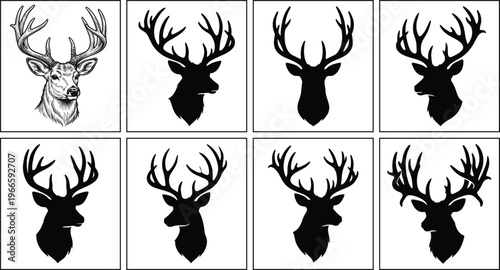 Deer head silhouette set vector illustration featuring stag antlers, wildlife hunting design, animal logo collection, black isolated icons on white background