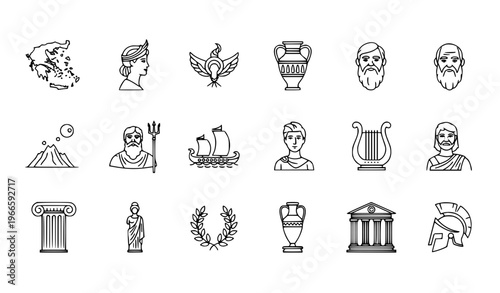 Ancient Greek outline icon collection with mythology gods philosophers and cultural symbols for web UI