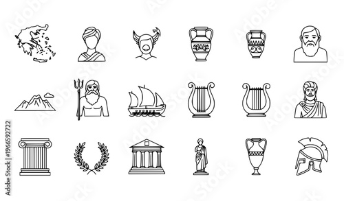 Greek mythology and history outline icon set with gods philosophers temple and ancient symbols for UI design