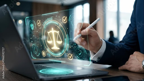 Close-up of a professional hand using a stylus on a glowing holographic legal scale interface above a laptop in a modern office, representing digital justice, law technology, and compliance.