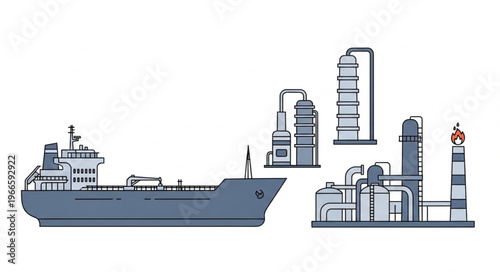 Oil Tanker and Refinery Illustration - Maritime Industry and Energy Production.