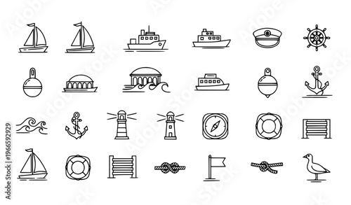 Sailboat and marine outline icon set with ship captain rudder and sea elements for UI design