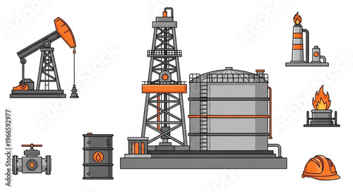 Oil Industry Elements - Pumpjack, Derrick, Tank, Flare, Valve, Barrel, Helmet.