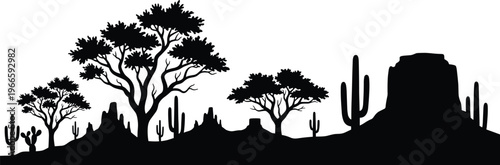 Desert landscape silhouette vector illustration with cactus, trees and mountains, panoramic nature scenery, arid environment concept, isolated black design