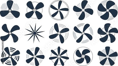 Fan blades rotation icons set, ventilation cooling propeller collection with motion lines, air circulation illustration, electric fan symbol