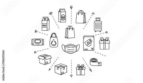 Packaging and delivery outline icon collection with box bag parcel and ecommerce symbols for web UI