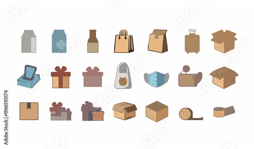 Modern packaging and delivery line icon collection with box bag parcel and ecommerce elements