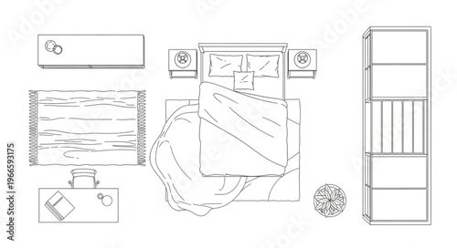 Bedroom Layout with Furniture and Decor Elements in Top View.