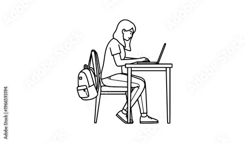 Young woman freelancer working on laptop at desk with backpack line art vector illustration isolated on white background