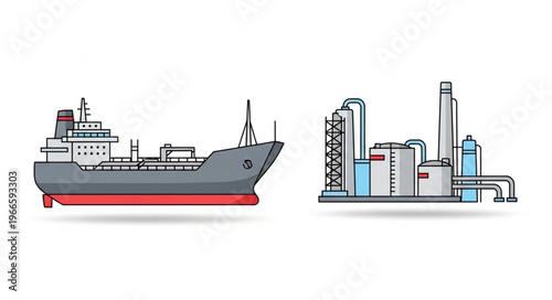 Oil Tanker and Refinery Illustration for Industrial Processes.