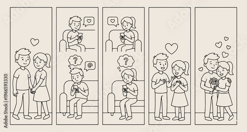 Relationship and social communication, Digital connection and dating comics, Couple love and together life, Smartphone use and social media, Modern dating lifestyle illustrations, People interaction a