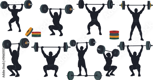 Weightlifting barbell exercise set with squat clean press and overhead lifts fitness training silhouettes isolated on white background
