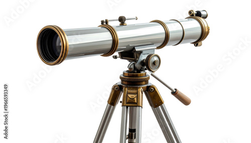 Antique silver telescope on tripod with brass accents against black background perfect for astronomy and science visuals