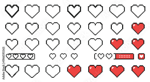 Collection of red and white pixel art hearts in various states of filling and framing for video game health bars and retro designs.