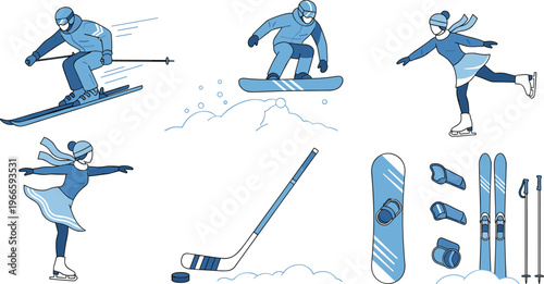 Winter sports vector set with skiing snowboarding ice skating hockey and cold season activity elements isolated on white background