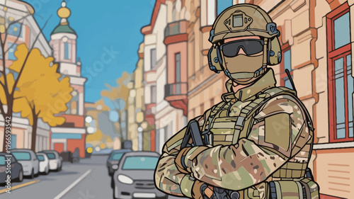 Soldier stands guard on city street during daytime near buildings and parked cars with trees in background