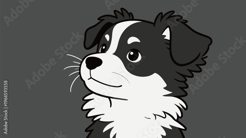 Cute cartoon dog looks up with curiosity and playfulness in a simple black and white design