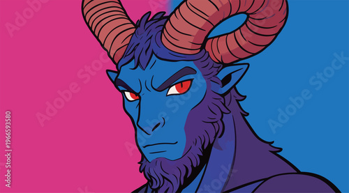 Character with blue skin and horns stands between pink and blue backgrounds and looks straight ahead with a serious expression