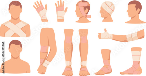 Medical bandage body parts vector illustration showing injuries, first aid treatment, healthcare recovery support, wound care protection, isolated design set