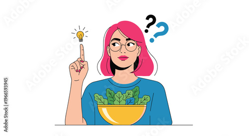 Young woman with pink hair wearing glasses holding a bowl of salad and gesturing as she comes up with a bright idea in a comic style.