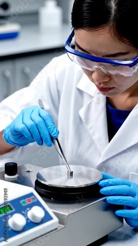 A focused scientist wearing protective gear meticulously handles a small sample with tweezers during a laboratory experiment