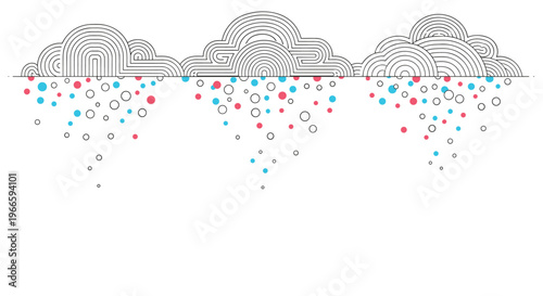 Three stylized clouds formed by concentric black lines raining down colorful pink and blue dots on a plain white background for art.