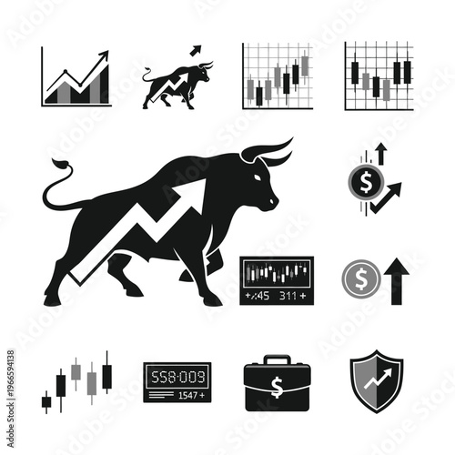 Collection of financial market icons featuring a bull market symbol, stock charts, investment growth indicators, and business graphics.