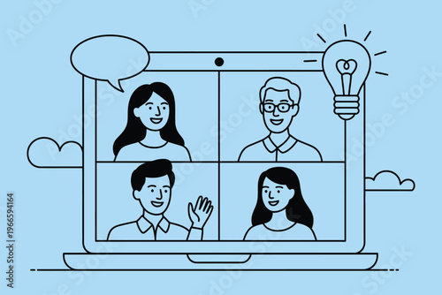 Virtual conference vector illustration, diverse group collaborating remotely, video call interface, teamwork, project collaboration, digital workspace and remote work concept.
