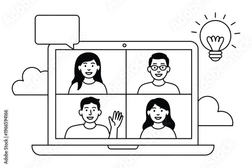 Virtual conference vector illustration, diverse group collaborating remotely, video call interface, teamwork, project collaboration, digital workspace and remote work concept.