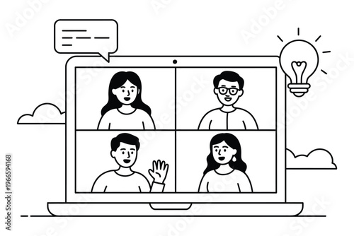 Virtual conference vector illustration, diverse group collaborating remotely, video call interface, teamwork, project collaboration, digital workspace and remote work concept.