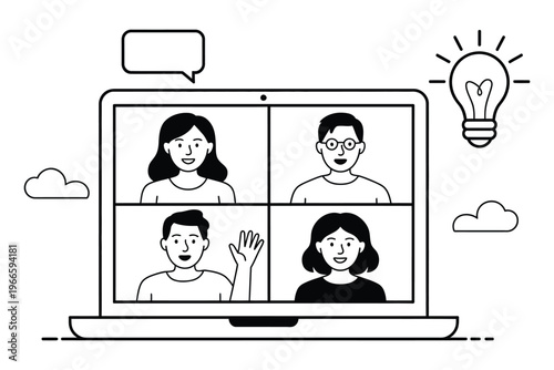 Virtual conference vector illustration, diverse group collaborating remotely, video call interface, teamwork, project collaboration, digital workspace and remote work concept.