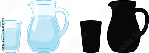 Water pitcher and glass vector illustration with transparent jug and silhouette set, drink container concept, kitchen beverage design isolated
