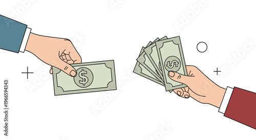 Close-up illustration of two hands in suits exchanging several dollar bills representing a financial transaction or payment for services.