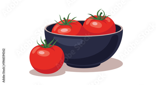 Two large red tomatoes resting in a dark blue ceramic bowl with another tomato sitting on the side on a clean white background for food.