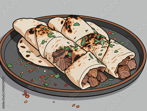 Delicious wrapped tortillas filled with meat and herbs on a plate, ready to enjoy during a meal