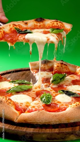 A delicious, freshly baked round pizza with melted cheese and pepperoni is being sliced on a wooden board against a vibrant green background