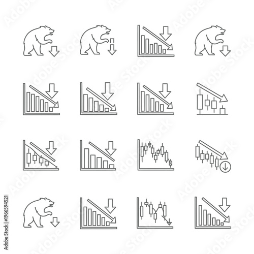 A collection of financial market downturn icons, featuring bears with downward arrows and various types of declining stock charts.