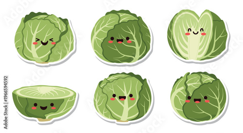 Collection of six adorable cabbage characters in different states including whole half and sliced with cute faces and blushing cheeks for kids.
