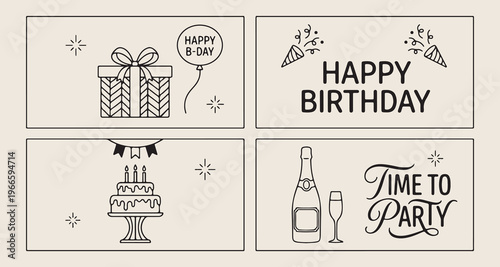 Birthday celebration greeting cards, Happy birthday party invitation set, Gift boxes and festive balloons, Champagne celebration event graphics, Party planning decorative elements, Anniversary and hol