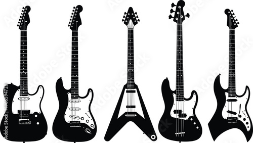Collection of electric guitar and bass silhouettes featuring classic rock and roll musical instruments set isolated on white background for professional vector design.