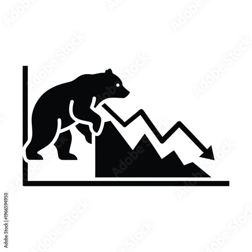 Black silhouette of a bear walking on a downward trend line graph with an arrow, symbolizing a bear market or economic decline.