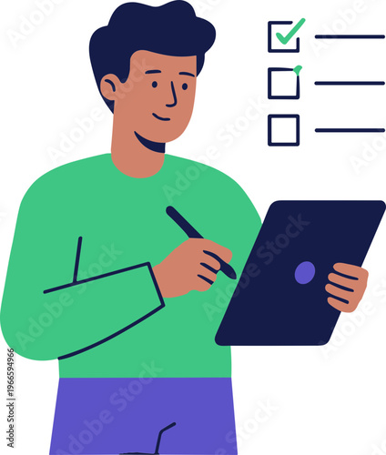 Man checks list on tablet with stylus in hand standing indoors