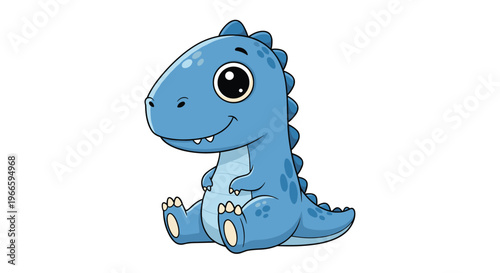 Adorable blue baby tyrannosaurus rex dinosaur sitting with large dark eyes and a friendly smile for nursery and child-friendly designs.