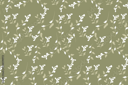 Vintage inspired floral textile print in decorative style with muted olive-green dense leafage ideal for fashion and home decor collections