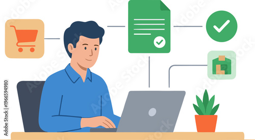 Man sitting at desk with laptop and icons representing online shopping and checklist