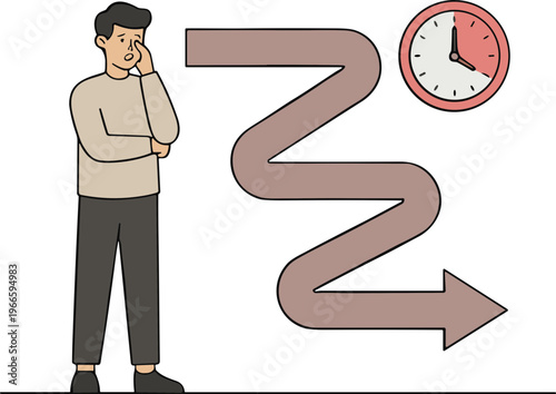 Man thinks before choosing path with clock showing time pressure