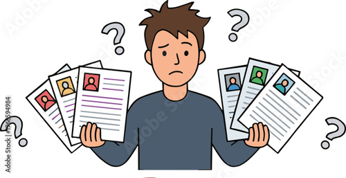 Man holding multiple confused papers questioning documents